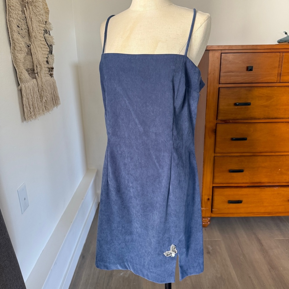 Vintage 90's Rampage Blue Mini Dress with Spaghetti Straps and Sequin Butterfly
